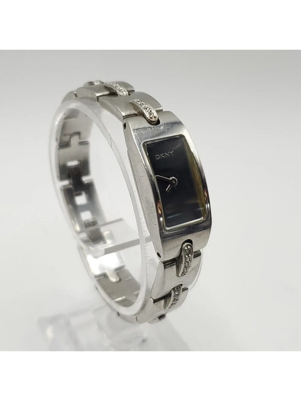 DKNY Tank Black Dial Rhinestone 7j Womens Watch 13mm New Battery